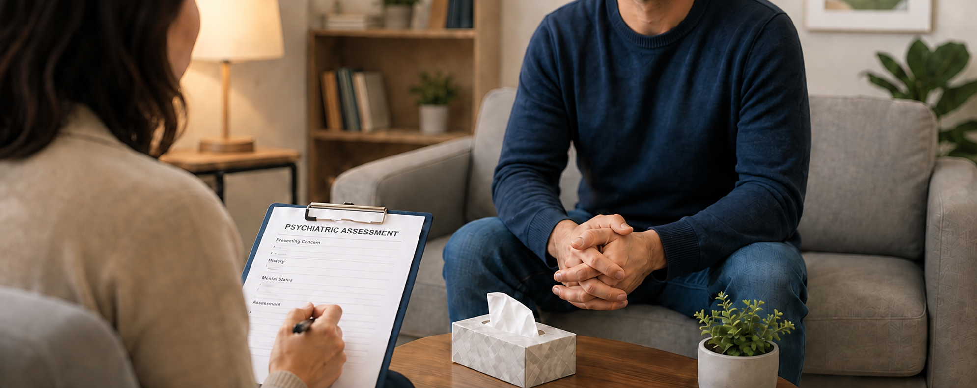 A clinician discussing an assessment with a seated patient