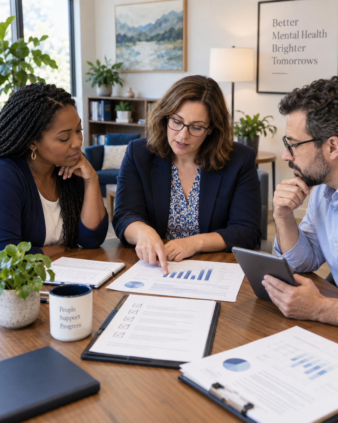 Mental health professionals reviewing a care-quality checklist and patient-reported outcomes charts