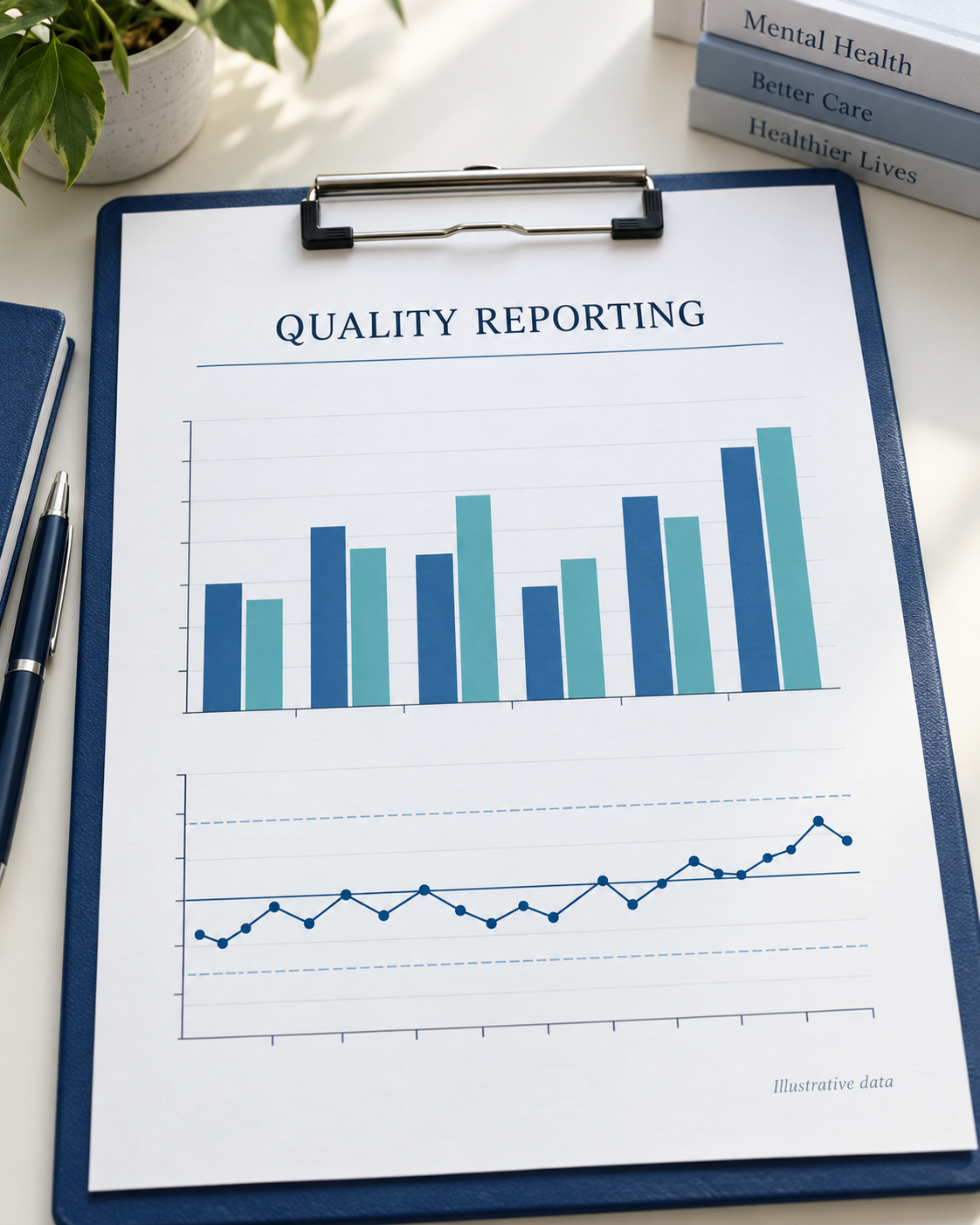 Illustrative quality-reporting bar chart and statistical process control chart