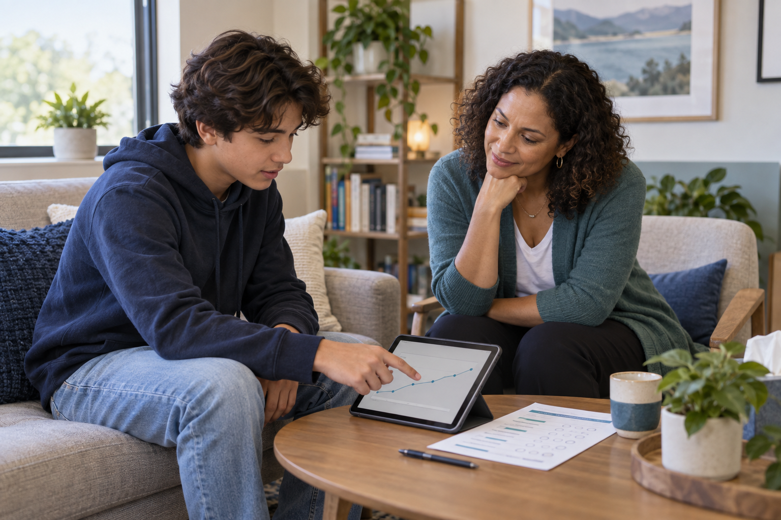 Teen patient and mental health clinician reviewing treatment progress together